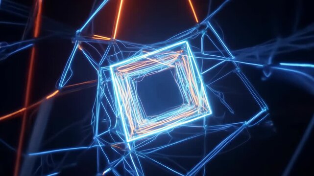 A dynamic glowing neon cube surrounded by intricate geometric patterns and vibrant blue and orange lights. 4k Video footage.