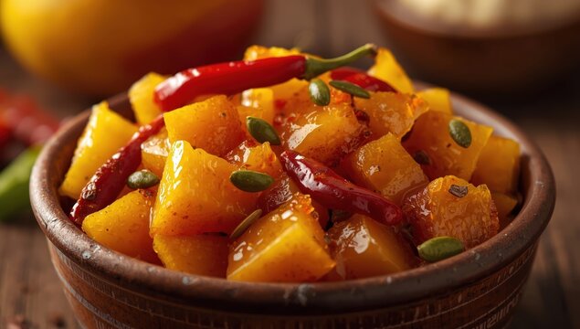Bowl of homemade mango pickle, focused shot.