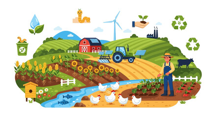 Sustainable Agriculture: Farmer, Tractor, Crops, Livestock, and Renewable Energy in a Rural Landscape © Wahyu