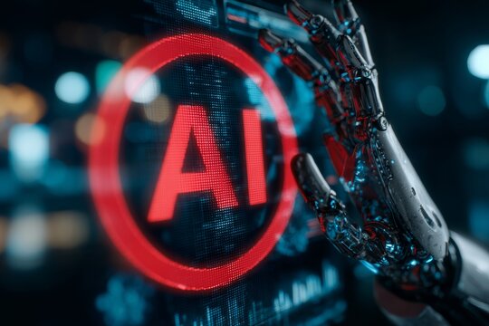 Cautionary signs: exploring ai and human boundaries. Smart analytics. Hands holding a restriction sign with ai inside against a blue backdrop. Intelligent screens. Digital analytics.
