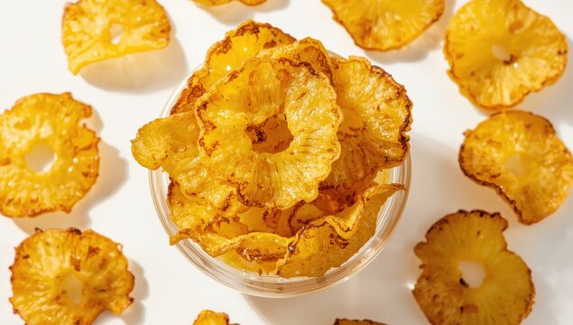 Bowl of vacuum-fried pineapple chips on white background.