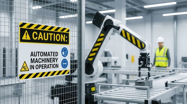 Automated machinery operation warning sign preventing worker injury in a factory setting.