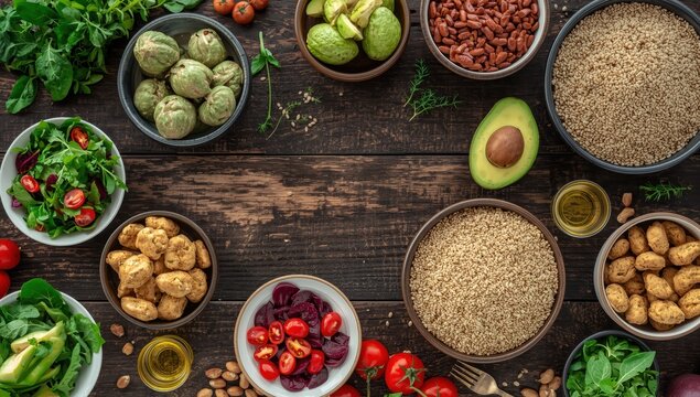 Bowls containing cooked beans, grains, and a salad of raw vegetables and leafy greens.