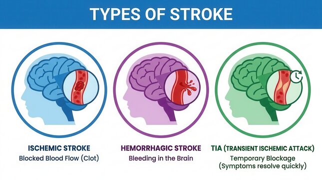 Visual guide to the different types of stroke: ischemic, hemorrhagic, and transient ischemic attack (TIA) categories.