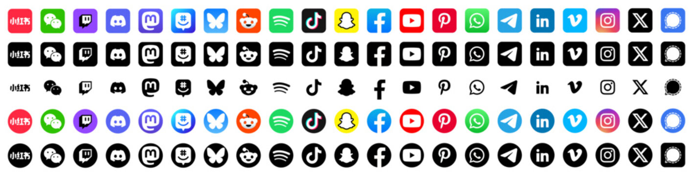social media icons set 2026. social network logo in round, square, circle, outline style. latest vector editorial collection. Groupme, Mastodon, BlueSky, RedNote, WeChat, Discord, Twitch