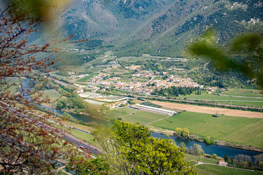 Adige Valley Panoramic View From Placca Del Forte San Marco: Scenic Spring Landscape Over Etsch Valley Near Lake Garda