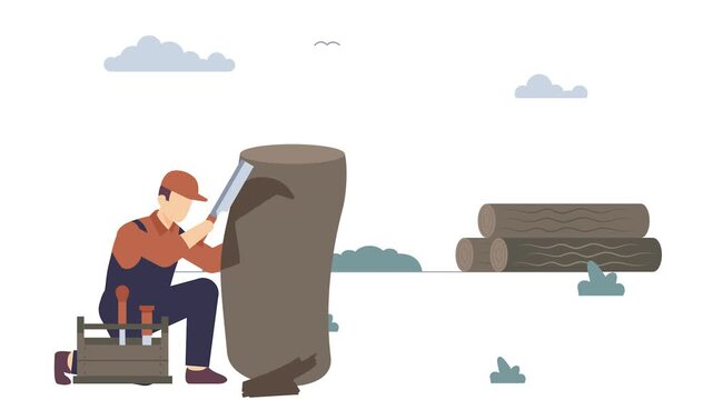 woodcarver working on large tree trunk carving bird figure animation, craftsman sculpting wooden eagle using chisel animated video, carpenters clip, woodworker footage, tradesperson crafting motion
