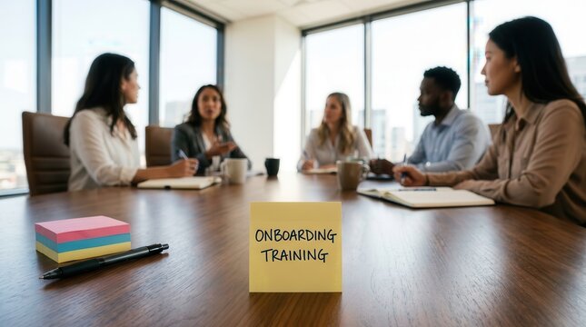 Professional new hire training session with staff learning skills and procedures in a corporate meeting room.