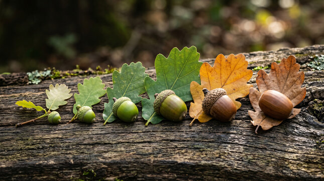 Acorns rest on weathered wood, nestled among leaves. Green and brown caps contrast with mossy, rough bark. Leaves show autumn's change in color