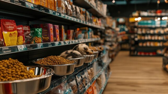Pet food store interior, shelves filled with dog and cat food