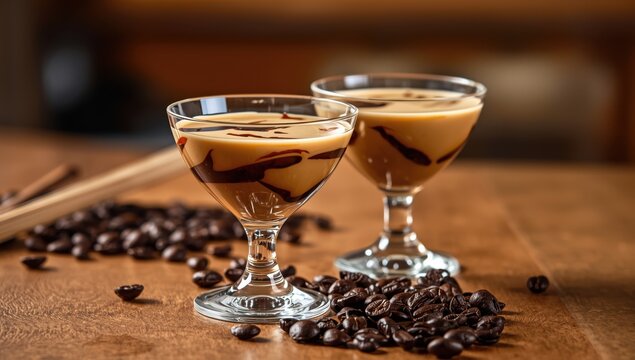 Glasses of cream liqueur and beans on a wooden surface.