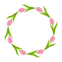 Obraz premium Vector wreath of soft pink tulips with long green stems arranged in airy circle shape on white background. Cute floral border for Mother Day card, baby shower invite or romantic branding.
