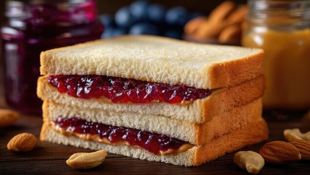 Peanut Butter and Jelly Sandwich Stacked High with Berries and Nuts Appetizing Breakfast Snack