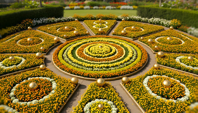 Aerial view of a luxury formal garden with circular geometric flower patterns and golden spheres
