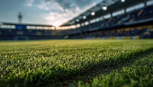 Soccer Field Grass Blades at Sunset with Stadium Lights Shallow Depth of Field Sporting Event Atmosphere