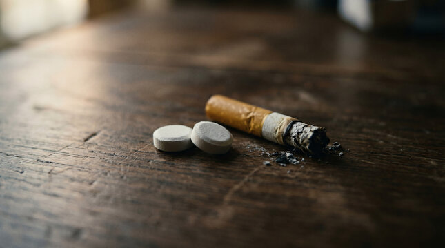Wooden table holds a smoked cigarette and two white pills. Cigar butt smokes faintly beside the tablets. Dark grain wood adds a gritty, somber tone