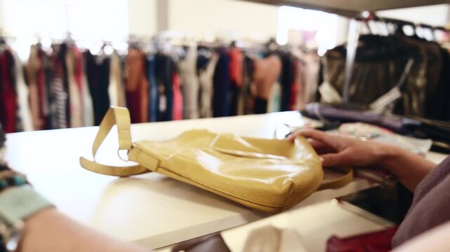 Woman Selecting A Stylish Used Handbag At A Second-Hand Store
