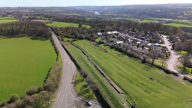 Heddon-on-the-Wall Northumberland UK: 2nd April 2026: Aerial drone view captures a section of the Roman Wall (Hadrian's) at Heddon Village in public park