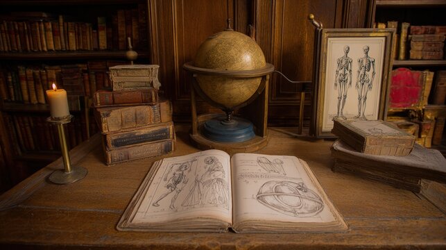 scores. A Renaissance study room with a celestial globe, drawings, and musical scores on a wooden desk. event programs, museum guides, designed for cultural heritage projects and event programs.