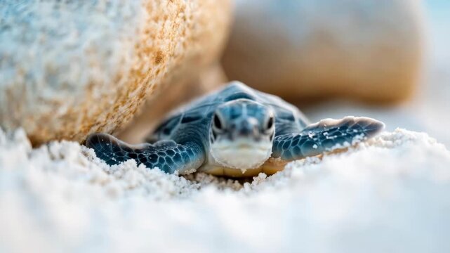 Baby sea turtle hatchling on sandy beach with rocks. Young marine animal in coastal habitat. Wildlife conservation and ocean protection concept for environmental awareness.