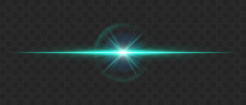 Abstract glowing energy burst with radiant light waves and horizontal beam, dynamic lens flare effect with sparkling particles and soft diffusion on transparent background
