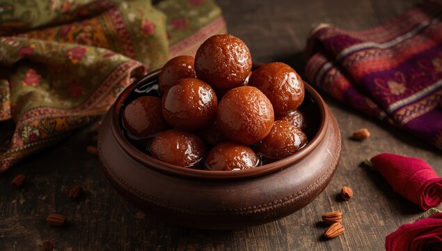 Gulab Jamun, an Indian dessert, presented in a circular dish.