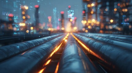 Obraz premium Industrial beauty: pipes and sunlight in perfect harmony. Neon interfaces. Glint of sunray on steel pipes at a sunset-bathed oil refinery. Glowing dashboards. Tech visualization.