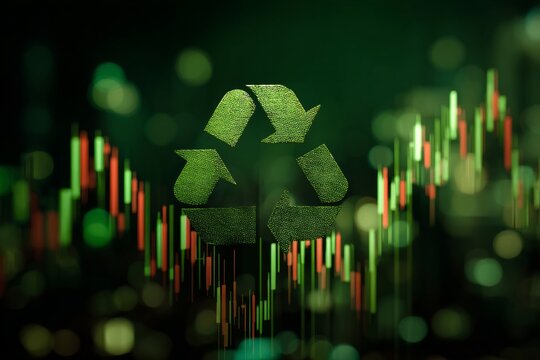 Radiant green: a symbol of environmental consciousness. Exchange rates. Lively eco imagery: a recycle sign surrounded by nature's hues. Market volatility. Profit potential.