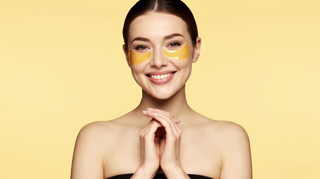 Woman with eye patches smiling, beauty and skincare concept.
