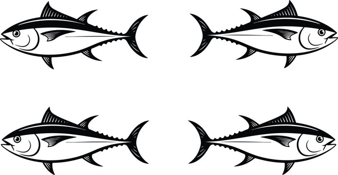 Clean hand drawn vector fish set featuring three stylized tuna swimming in diagonal formation with streamlined bodies and sharp fins