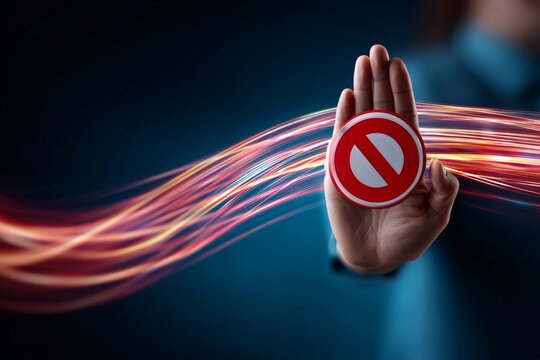 Blocking progress? hands signaling ai refusal. Network communication. Enhanced tech imagery: hands grasping ai rejection symbol in digital network. Digital signals. Communication lines.