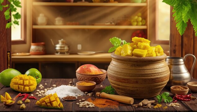 Homemade mango relish or kairi loncha with components.