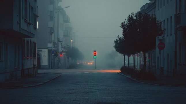 Misty morning street with red and green traffic lights creating an atmospheric, moody, and intriguing urban scene