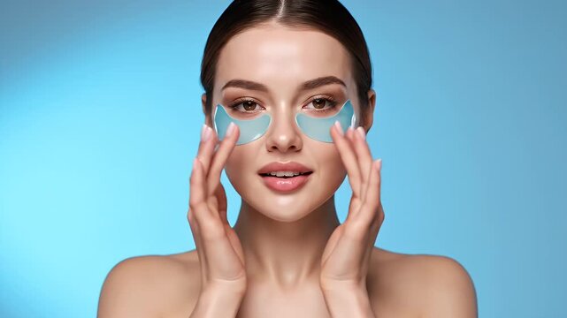 Beautiful woman with eye patches on a blue background, skincare concept.