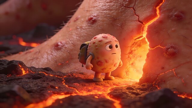 Macro skin terrain transformed into volcanic land with glowing cracks representing inflammation and irritation.
Psoriasis blob character standing near a glowing fissure.
Wearing a hiking backpack only