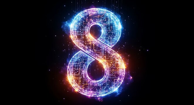 Abstract glowing number eight formed by complex digital circuit board patterns.