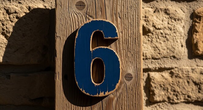 Painted blue number six on rustic vertical wooden post against stone wall.