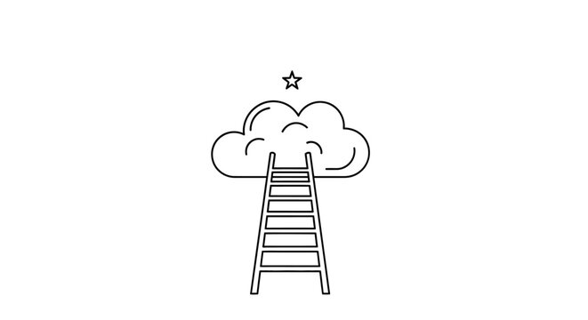 An illustration of a ladder reaching up to a smiling cloud with a star above in a dreamy scene.