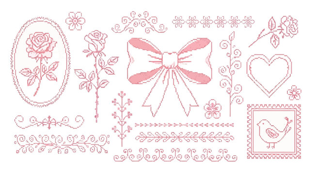 Set of cute pixel art elements, pink roses, bow, heart, bird, and decorative borders