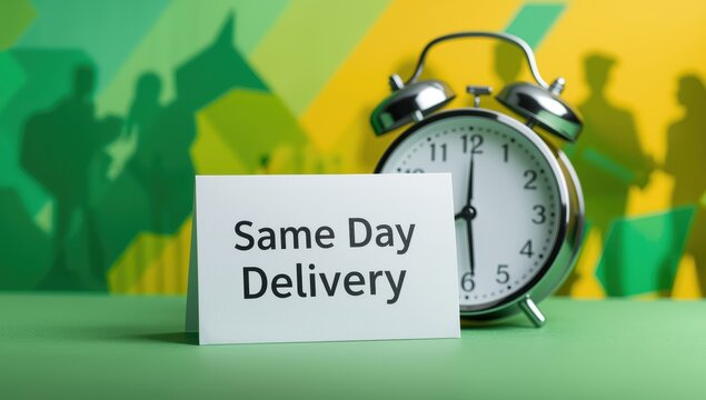 Immediate Delivery printed on card with clock on green and yellow patterned backdrop.