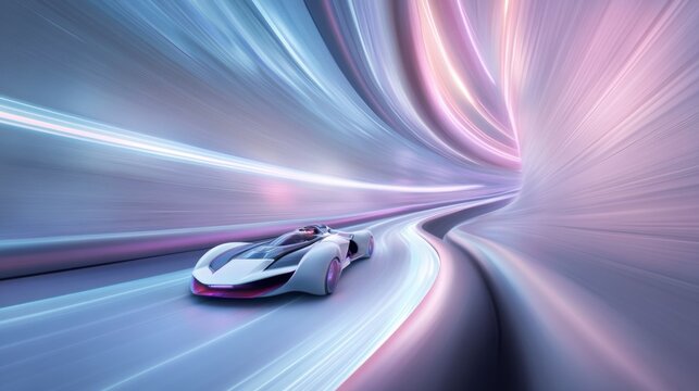 光のトンネルを疾走する未来的なコンセプトカー。速度感溢れる光の軌跡と洗練されたデザイン。次世代の交通