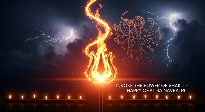 Creative greeting for chaitra navratri festival with flaming trident and goddess durga outline against stormy sky and oil lamps.