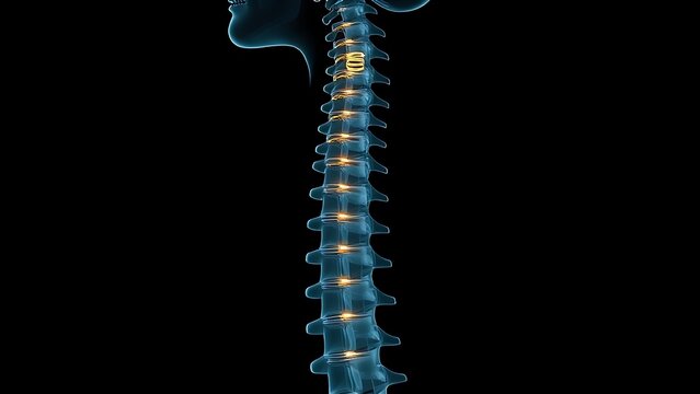 culpability. X-ray silhouette of a human spine with a subtle golden coil ascending within the vertebrae. STEM education sheets, lab safety posters, designed for biotech research communications.