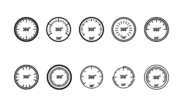 Minimal circular measurement dial icons with 360 degree scale vector set for UI dashboard design isolated on white