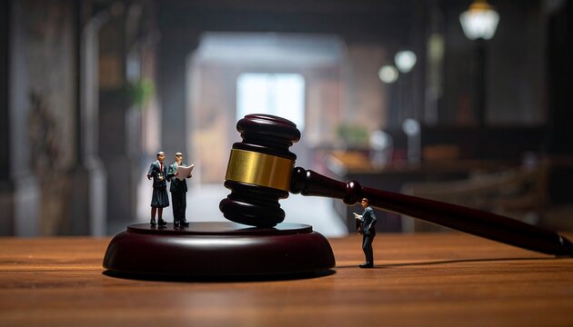 A towering wooden gavel dominates a courtroom, surrounded by suited figurines, symbolizing authority, justice, and the solemn weight of legal decision-making.