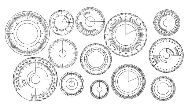 Technical circular scale vector set with detailed 360 degree measurement dials and radial meter diagrams isolated on white