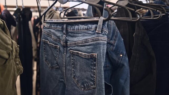 Rows Of Used Denim Jeans Hang In A Second Hand Shop, Nestled Among An Extensive Collection Of Pre-Loved Clothing