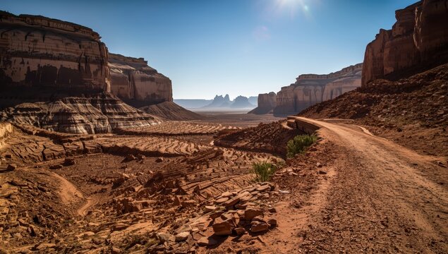 Parched soil and rough stone structures in a desert canyon form a stunning scenery.