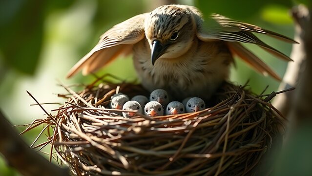 featherless. A mother bird with her wings spread, sheltering her baby birds. wildlife magazines, conservation campaigns, designed for wildlife conservation campaigns, used by presentation designers.