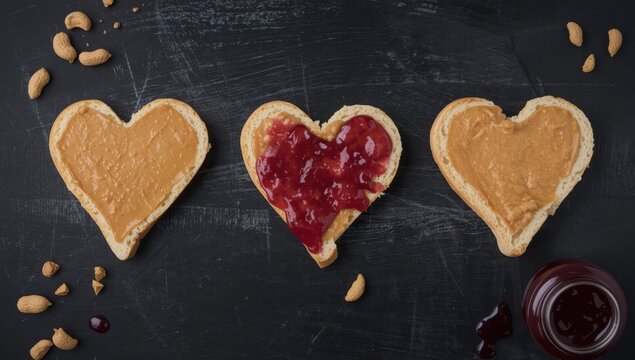 Peanut butter and jelly sandwiches in heart shape on dark surface.